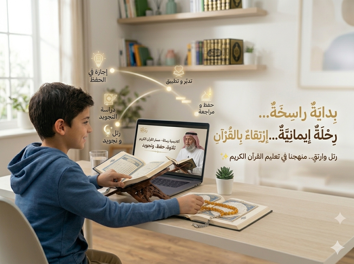 عائلة مسلمة سعيدة تتعلم القرآن الكريم معاً